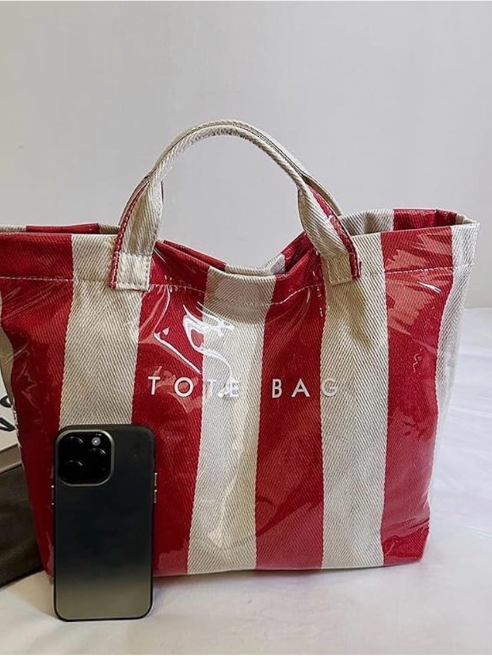 Coastal Red & Cream Striped Canvas Tote Bag w/ matching makeup bag - Picture 3 of 5
